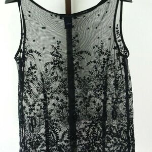 Ann Taylor Sheer Black Sheer Sleeveless Floral Embroidered Blouse Woman’s Size12